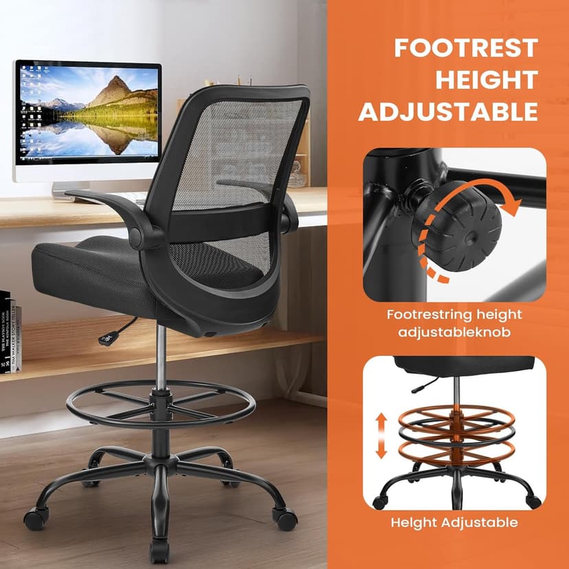 Drafting Chair for Standing Desks, 500LBS Capacity Tall Office Chair with Adjustable Height, Foot Ring, Flip-Up Armrests, Thick Curved Seat for Home Office, Drawing, and Creative Work