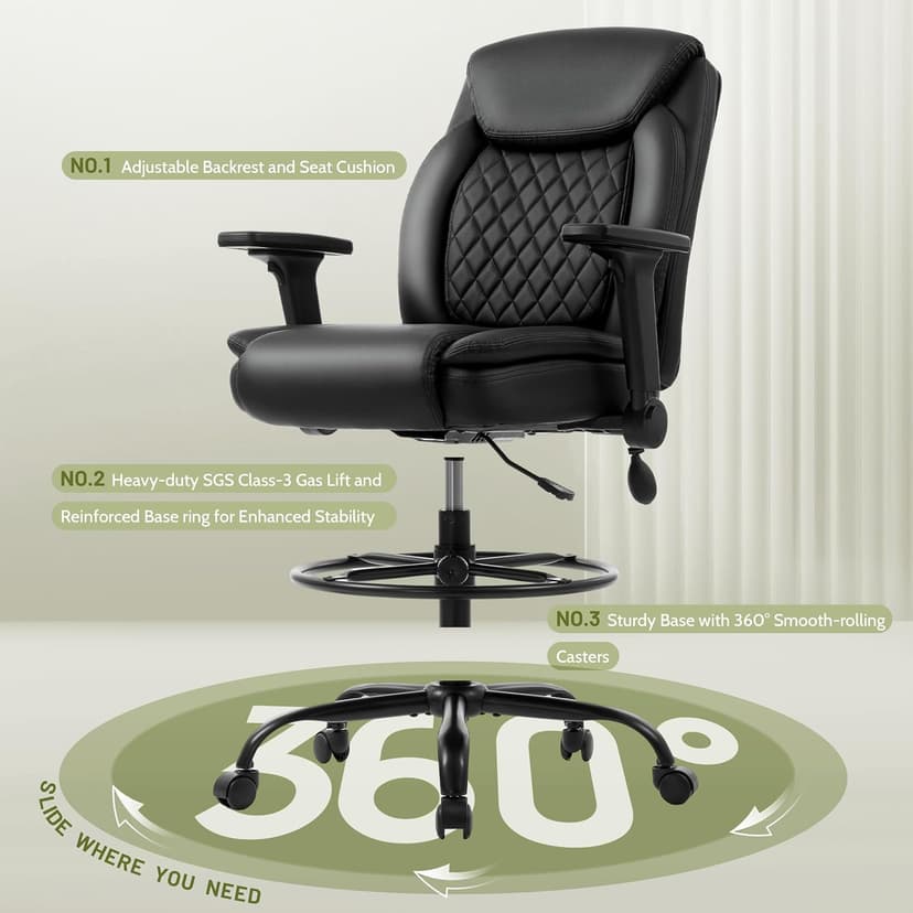 Drafting Chair,Executive Tall Office Chair Flip-up Armrests for Counter Height Desk Drawing Use,High Task Chair with Adjustable Foot Ring & Inflatable Lumbar Support, Swivel Computer Stool,PU Black