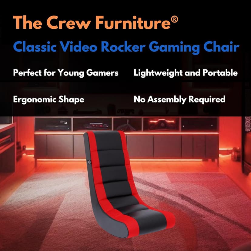 The Crew Furniture Classic Video Rocker Floor Gaming Chair, for Kids and Teens, PU Faux Leather & Polyester Mesh, Black/Red