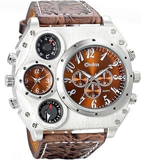 Avaner Men's Leather Wrist Watches: Big Face Dual Time Zone Oversized Large Dial Leather Strap Analog Quartz Watch