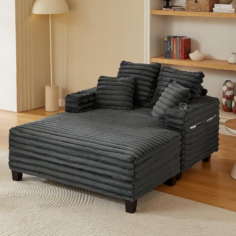 Amsleekey 64" Chaise Lounge Chair Indoor, Oversized Sleeper Chair with Wood Frame, Upholstered Sofa Bed for Living Room, Movie Room, Bedroom with 4 Storage Pockets&2 Cup Holders(Plush Corduroy, Grey)