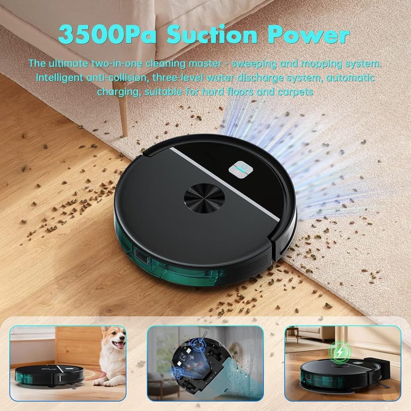 ECOHOME Robot Vacuum and Mop Combo,3500Pa Powerful Suction, with Wi-Fi/App/Remote,2 in 1 Mopping Robot Vacuum Cleaner,Dustbin and Watertank, for Pet Hair,Hard Floors and Low Pile Carpet,Black