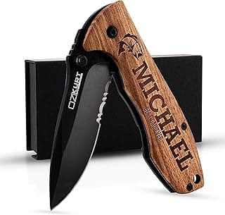 Gifts for Men, Personalized Engraved Oak Wood Pocket Knife - 36 Icons, 20 Stylish Font - Custom Pocket Knives