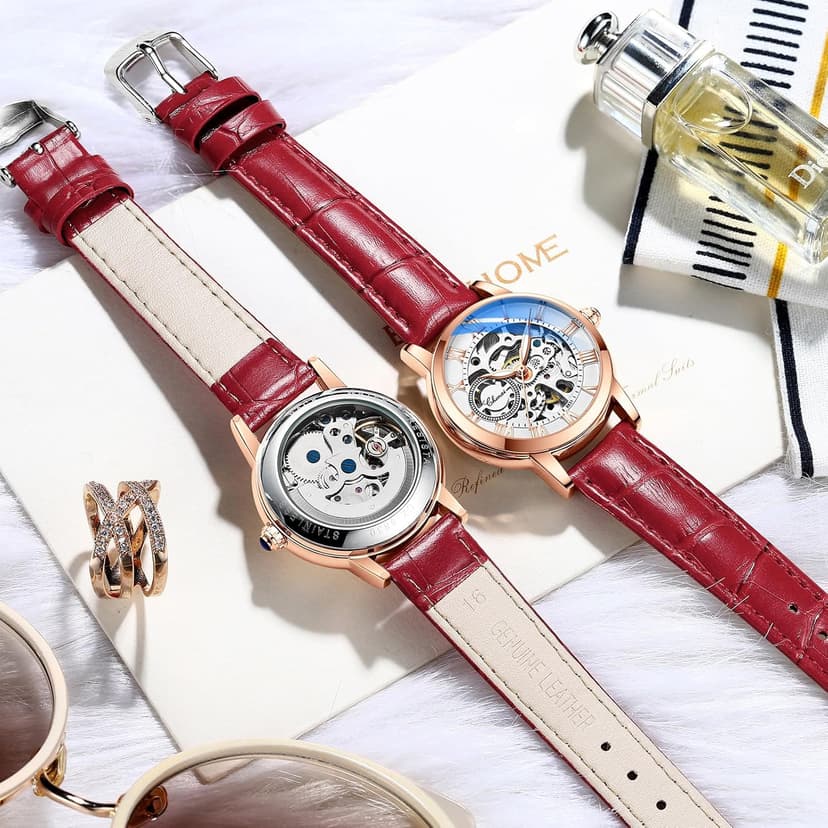 MASTOP Women's Sapphire Watches Automatic Steampunk Self Winding Mechanical Gold Bracelet Ladies Skeleton Wrist Watch Leather Strap for Ladies Famale