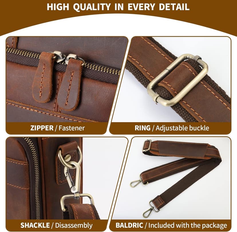 Jack&Chris Full Grain Leather Briefcase for Men, Business Messenger Bag Laptop Bag Attache Case, Fits 15.6 Inch Laptop