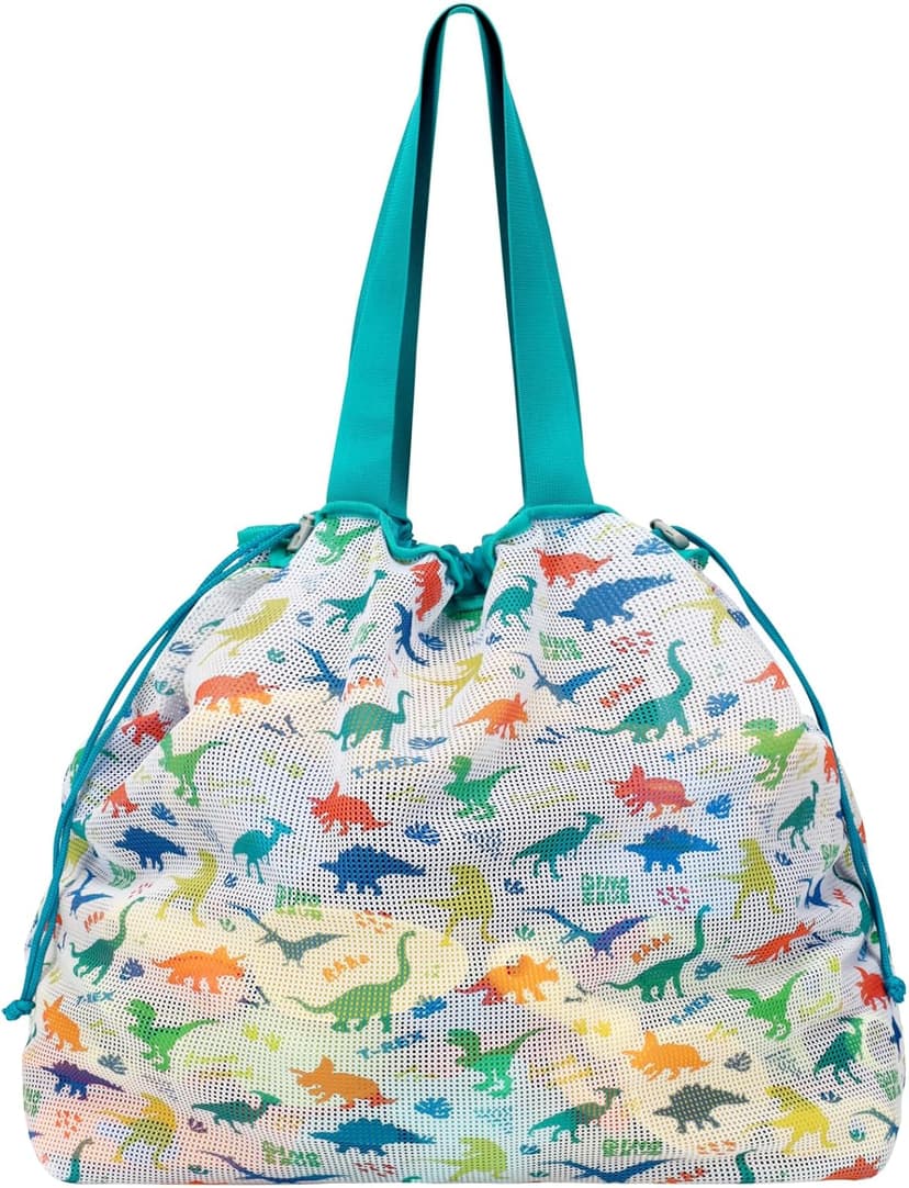 Extra Large Beach Toy Bag with Drawstring - Lightweight Mesh Tote Bag for Sand Toys, Beach Swinmming Pool Essentials, Dino Green