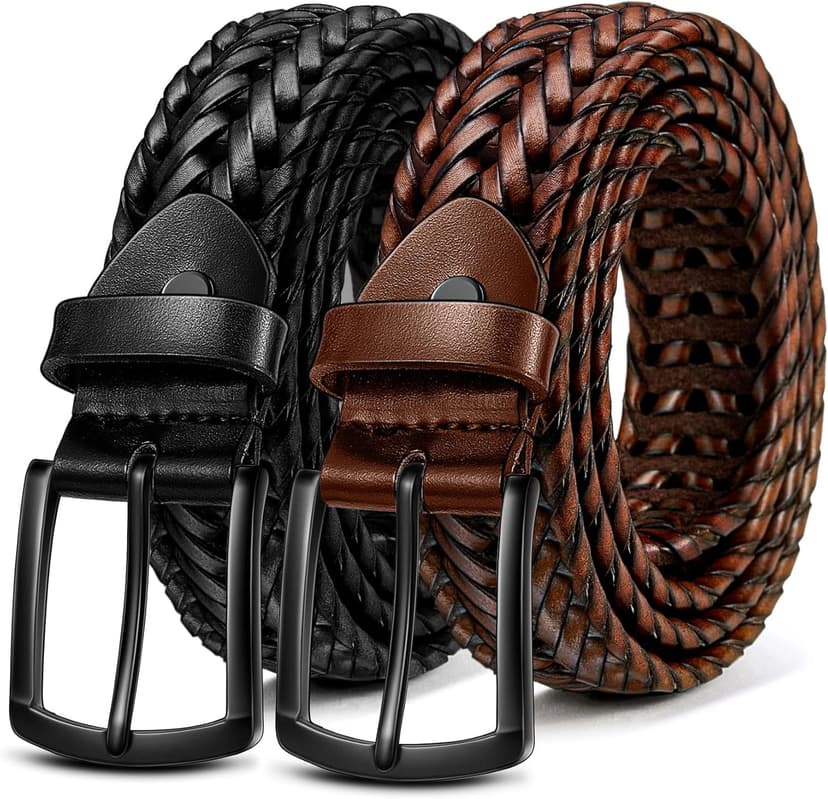 BULLIANT Men Belt 2Pack,Braided Woven Leather Belt For Men Golf Casual Jeans 1 3/8"