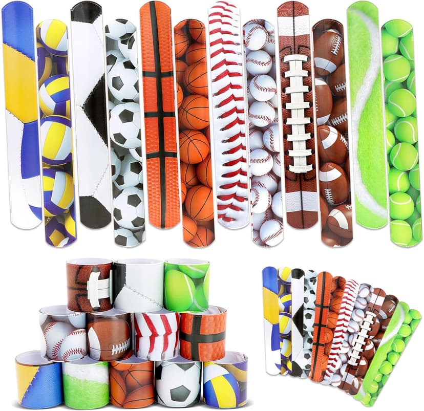 Sports Slap Bracelets Set 48 Counts Sports Party Favors Football Basketball Soccer Baseball Volleyball Tennis Accessories Party Favors Bracelets Wristbands Football Party Supplies Classroom Prize