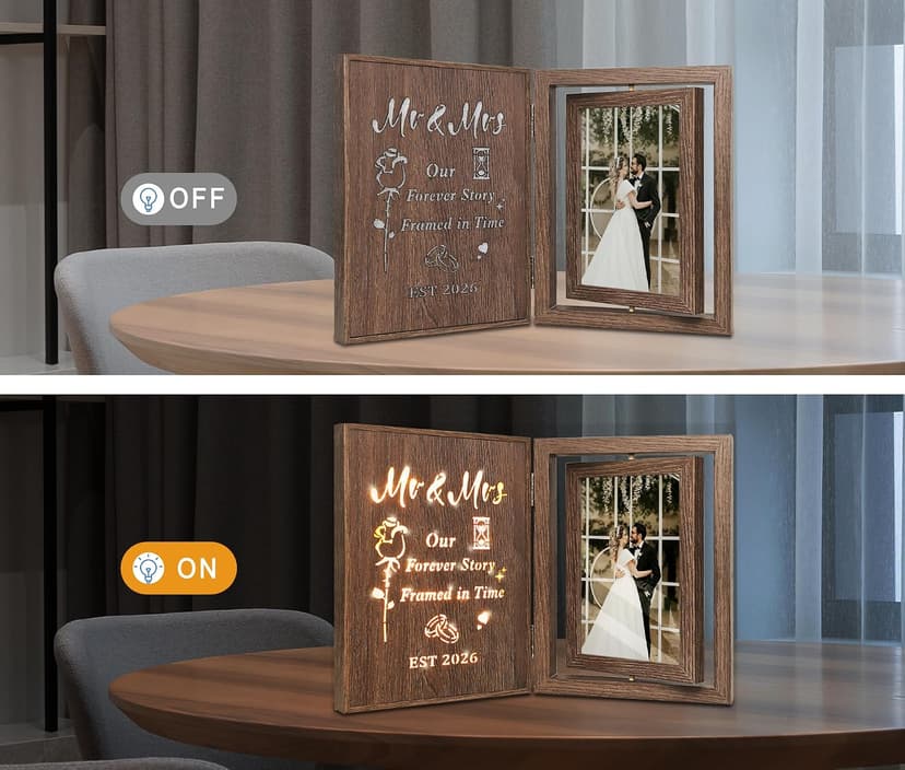 Bridal Shower Gifts for Bride Groom, Wood Wedding Photo Frames 4x6 for 2 Pictures EYITUPC Rotating Light Up Mr Mrs 2026 Wood Frame Bridal Shower Wedding Gift B0G1Y2DY35
