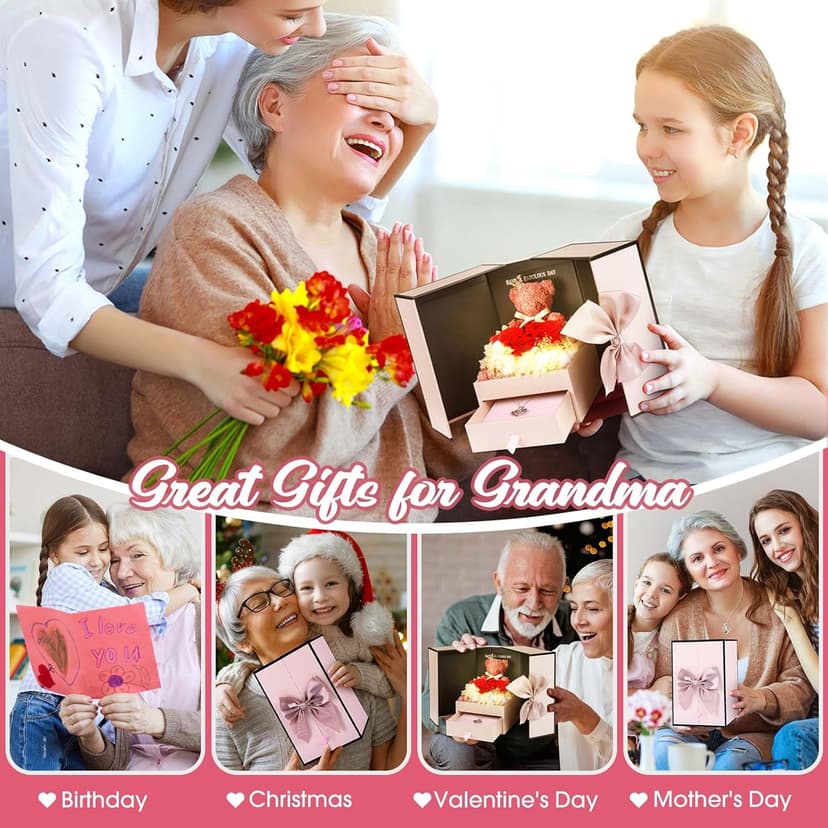 ADDWel Great Gifts for Grandma, Preserved Real Roses with I Love You 100 Languags Grandma Necklace, Cute Bear and Meaningful Eternal Roses for Grandmother Nana Birthday