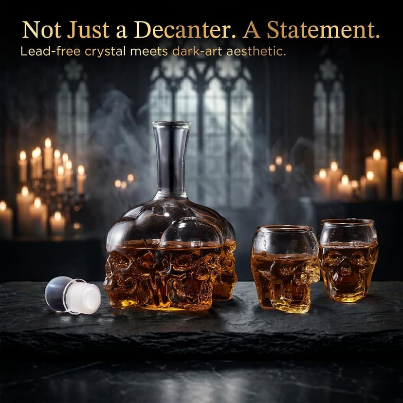Spooky Skeleton Glass Decanter, Dark Academia Home Bar Decor & Man Cave, Cool Halloween Gifts for Men & Whisky Lovers Gothic Skull Whiskey Decanter Set, 34 oz, with 2 Rocks Glasses B0HC61CTR3
