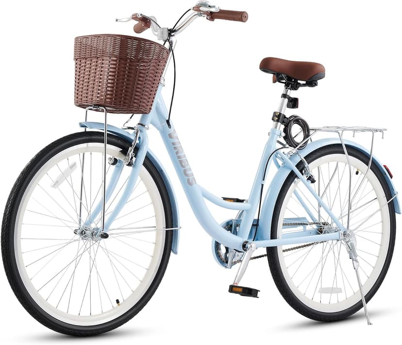 VIRIBUS Beach Cruiser Bike for Women, Single Speed Womens Bike with Basket & Rack 24 26 inch, Retro Step Through Cruiser Bicycle for Petite Short Women Female Ladies City Commuter, 330 lb.