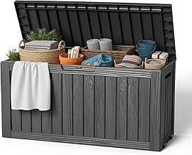 EasyUp 85 Gallon Outdoor Storage Box, Resin Waterproof UV-Resistant Deck Box, Reinforced Stability for Patio, Garden, and Poolside, Striped Black