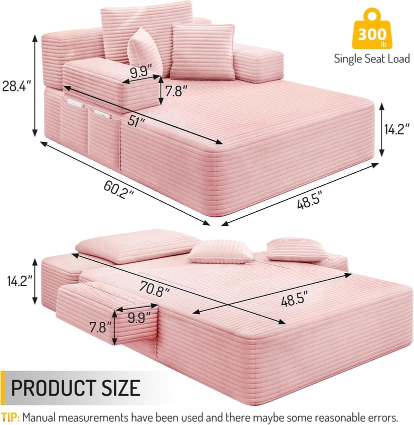 2 in 1 Corduroy Chaise Lounge Chair Indoor, 60'' Oversized Boneless Sofa Chaise Lounge with Pocket, Plush Cozy Deep Seat Couch Chair for Living Room, Bedroom, Small Spaces, RV (Pink)
