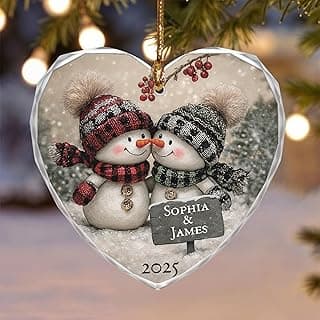 Noni Personalized Couple Heart Glass Ornament, Custom Names Printed and Year 2025, Snowman Couple Art Clear Faceted Tree Keepsake, Gifts for Couples, Gifts for Christmas