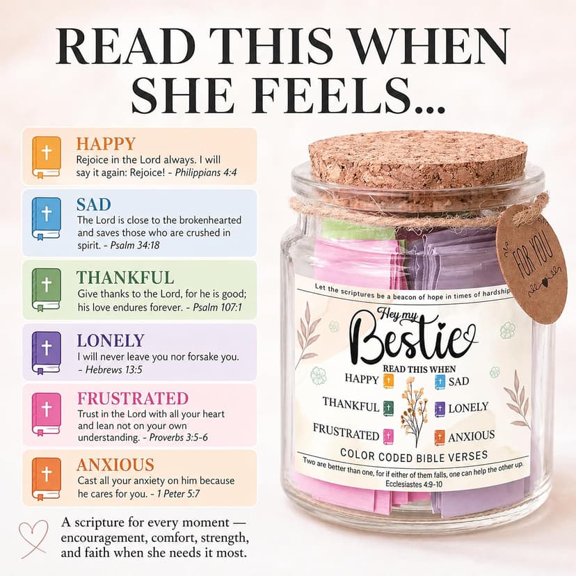 Bestie Bible Verses Jar – Birthday Gifts for Friends, Graduation Gifts for Bestie, Color Coded Bible Verses, Faith Based Friendship Gift for Women B0FF54MWMG