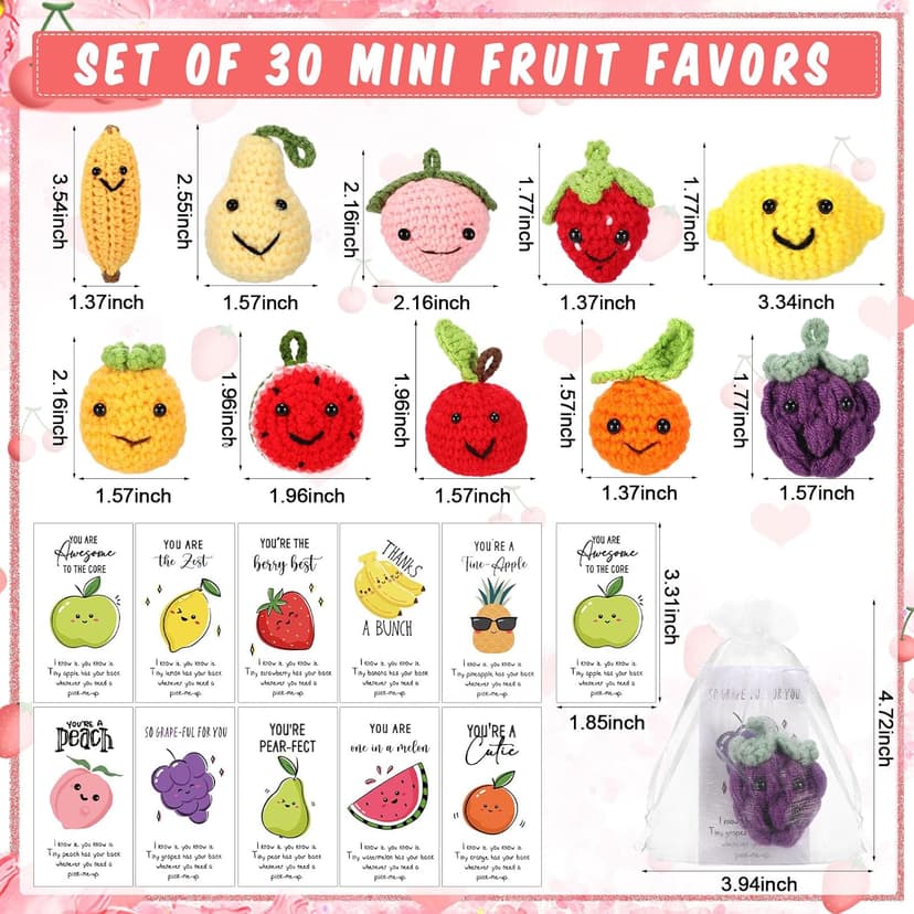 Shappy 10 Sets Inspirational Positive Fruit Toy Gift Cute Funny Wool Knitted Fruit Mini Employee Appreciation Gift Motivational Pun Card Organza Bag Classroom Team Vacation Party Favor for Student