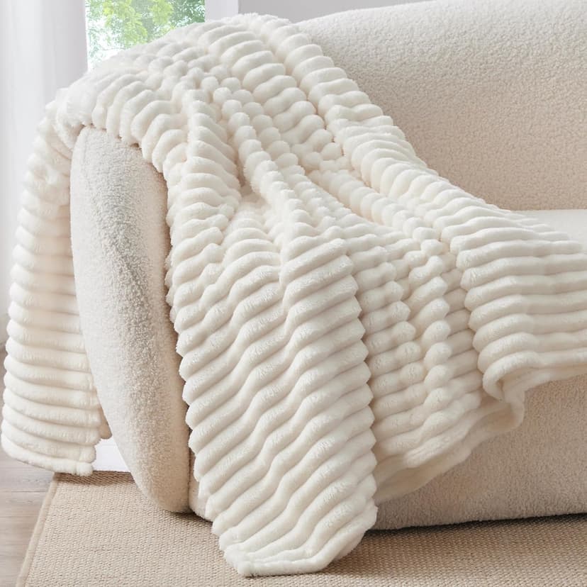 Ultra-Soft Plush Fleece, Cozy, Warm Yet Lightweight, Ribbed Texture, Home Decor, Machine Washable, Giftable, All-Season Use BEDELITE Ribbed Fleece Throw Blanket for Couch, Cream, 50"x60" B0CSFJR66V