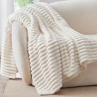 Ultra-Soft Plush Fleece, Cozy, Warm Yet Lightweight, Ribbed Texture, Home Decor, Machine Washable, Giftable, All-Season Use BEDELITE Ribbed Fleece Throw Blanket for Couch, Cream, 50"x60" B0CSFJR66V