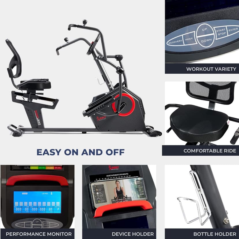 Sunny Health & Fitness Elite Recumbent Cross Trainer & Elliptical Machine with Arm Exercisers for Home Arm/Leg Training, Easy Adjust Seat & Mesh Backrest, Free SunnyFit App Bluetooth Connectivity