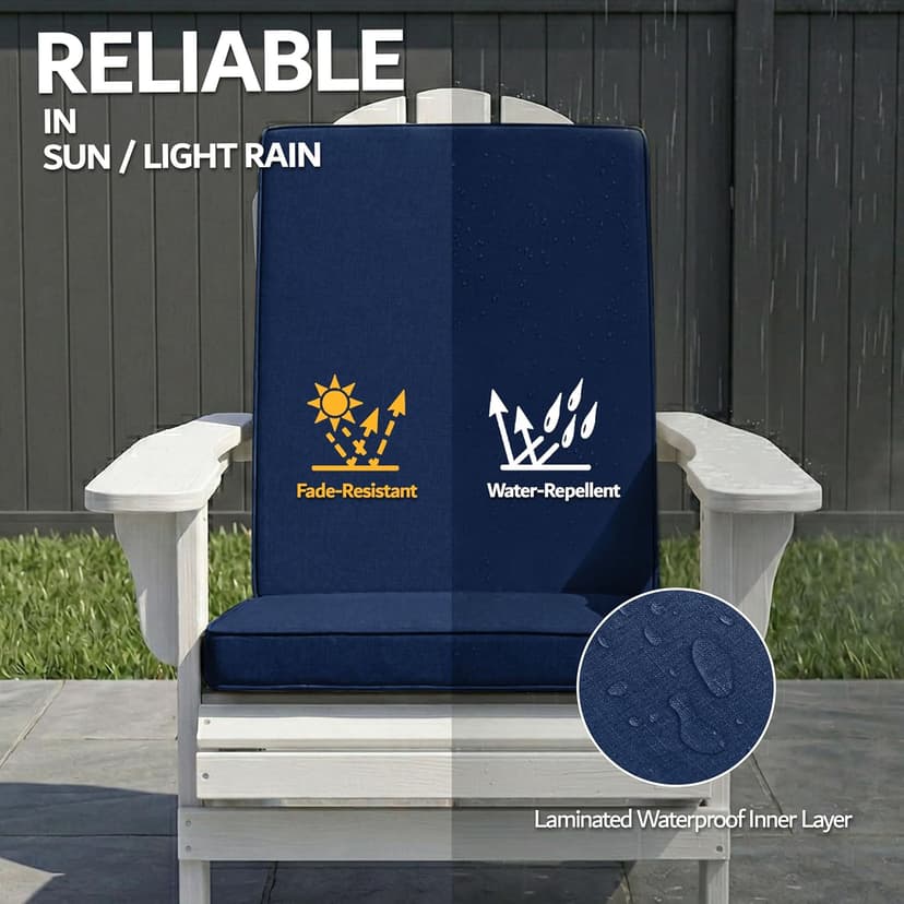 Adirondack Chair Cushions Set of 2 - Removable Covers, Water-Repellent & Fade-Resistant Faux Linen, Securing Straps, Non-Slip Bottom, Fit for Most Outdoor Adirondack & Rocking Chairs - Navy