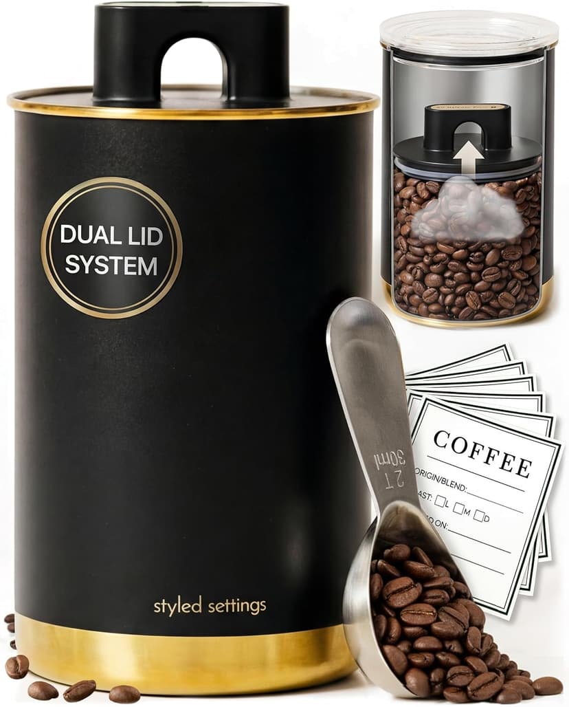 Vacuum Coffee Canister with Airtight Lid – Patented Dual Airtight Coffee Canister with Scoop, Coffee Bean Storage Container or Grounds Container, Storage Container - Black and Gold Kitchen Accessories