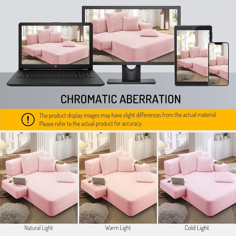 2 in 1 Corduroy Chaise Lounge Chair Indoor, 60'' Oversized Boneless Sofa Chaise Lounge with Pocket, Plush Cozy Deep Seat Couch Chair for Living Room, Bedroom, Small Spaces, RV (Pink)