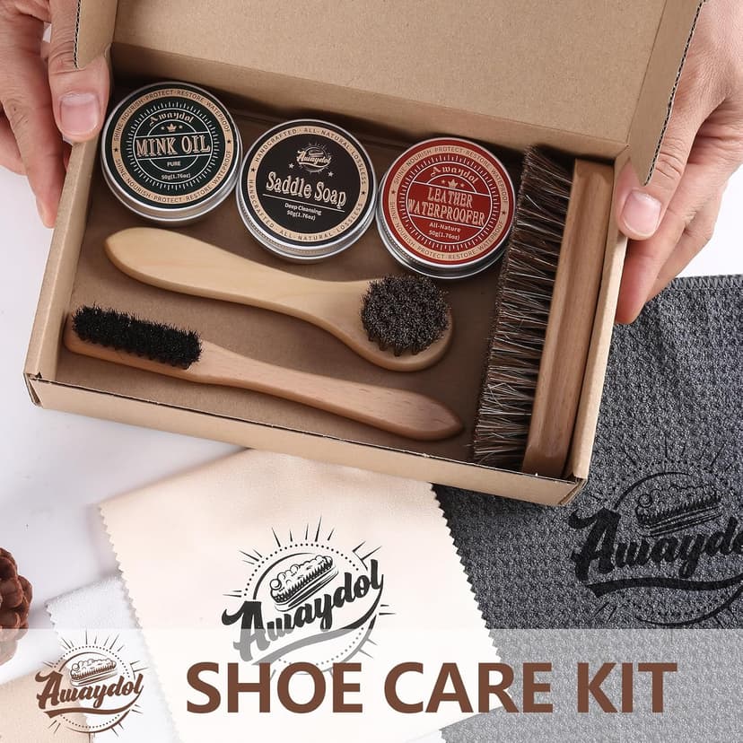 Awaydol 10 PCS Leather Care Kit - Horsehair Brushes,Saddle Soap,Waterproofing Wax,Mink Oil Conditioner,Polishing Cloth,Microfiber cloth,Boot Shoe Shine Cleaning Kit Gift for Men Cowboy Husband Dad 