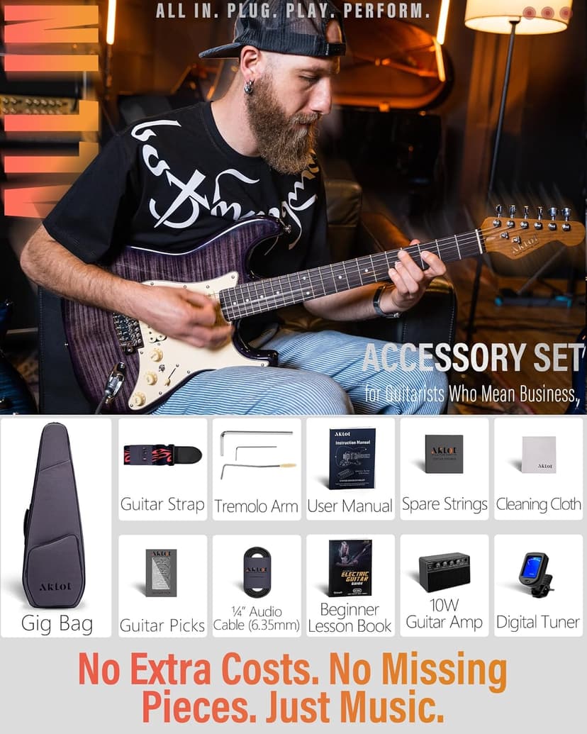 AKLOT Beginner Electric Guitar Kit: 10W Amp, Coil-Split HSS Pickups, Lesson Book, Roasted Maple Neck, Gig Bag, Tuner, Strap, Picks, Stryde Violet Venom