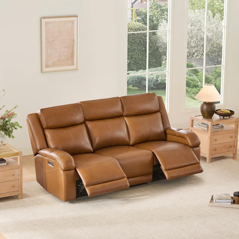 Watson & Whitely Genuine Leather Power Recliner Sofa, 3 Seater Wall Hugger Reclining Sofas with Power Headrest, USB & TypeC Ports, Electric Recliner Couch Set for Living Room, Saddle Brown