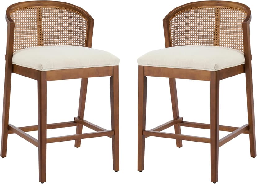 Christopher Knight Home JENA Rattan Counter Stools Set of 2, Counter Height Bar Stools for Bar Table, Rubberwood Frame with Upholstered Barstools, Wood Accent Chair with Footrest, Beige + Walnut