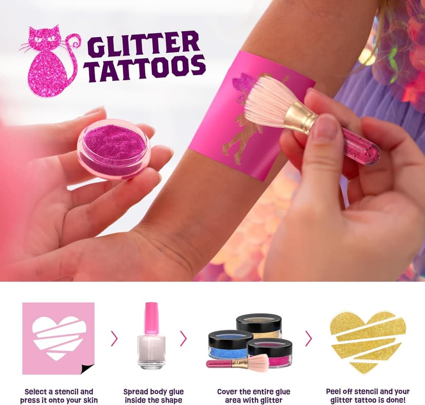 Pretty Me Glitter Tattoo Kit for Kids - Glitter & Metallic Fake Tattoos for Girls - Birthday Gift Ideas for Girl - Temporary Tattoo Set - Craft Kits Toys for Ages 6 7 8 9 10 11 Year Old - Cool Gifts