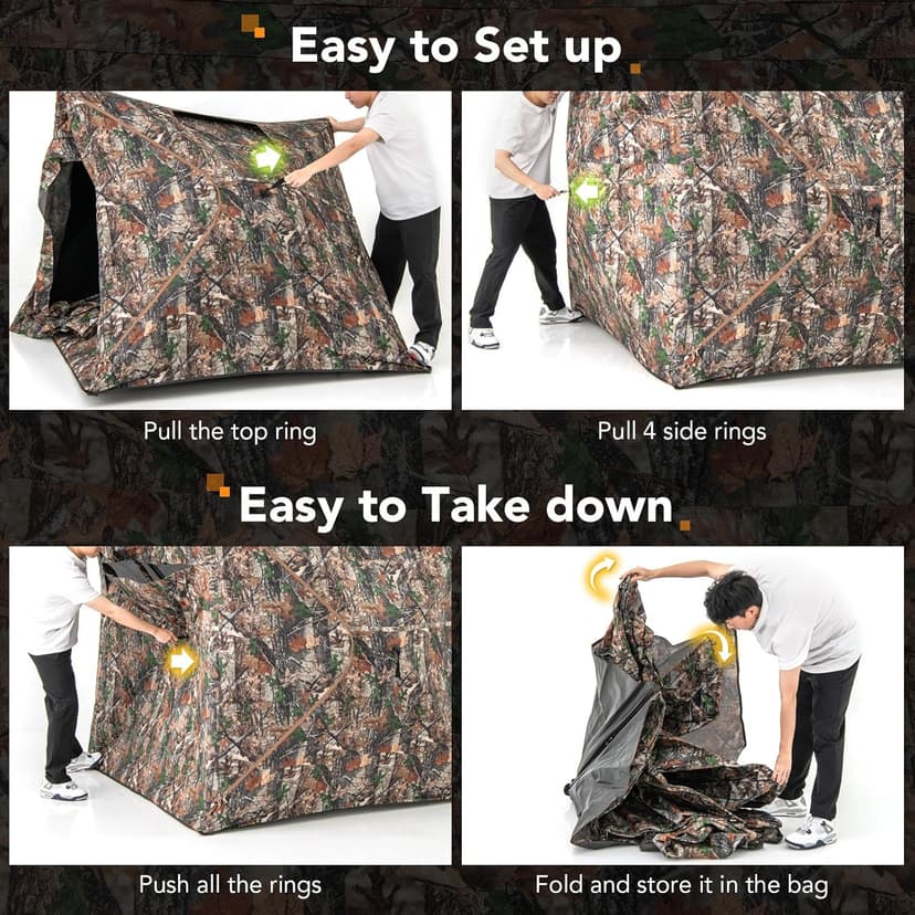 Tangkula Extra Tall 3-4 Person Hunting Blind, 270 Degree See Through Ground Blind with Silent Slide Windows, Zippered Door, Carry Bag, Pop Up Deer Blind for Turkey Hunting, Camouflage