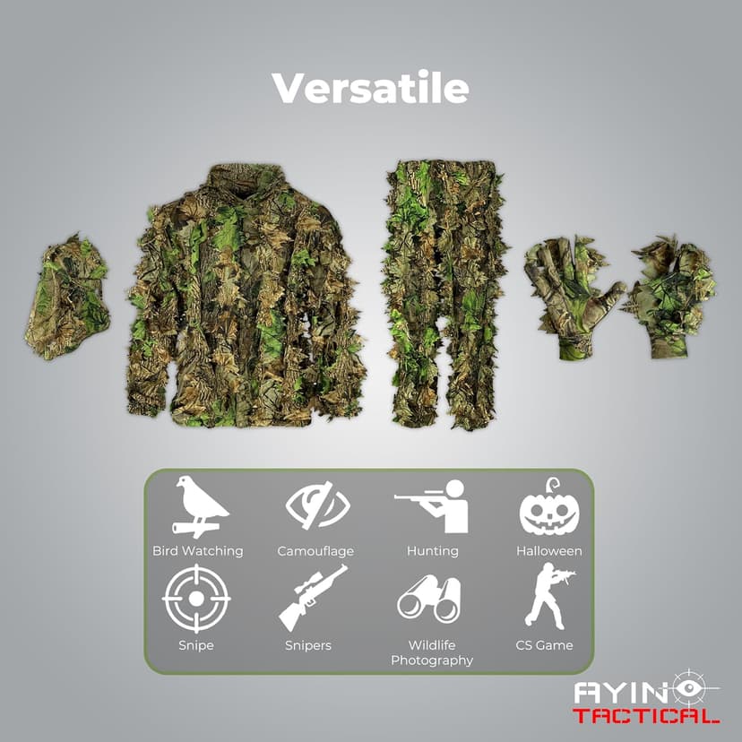 AYIN Ghillie Suit for Men – 3D Leafy Camo Hunting Suit with Hood for Turkey Hunting & Airsoft