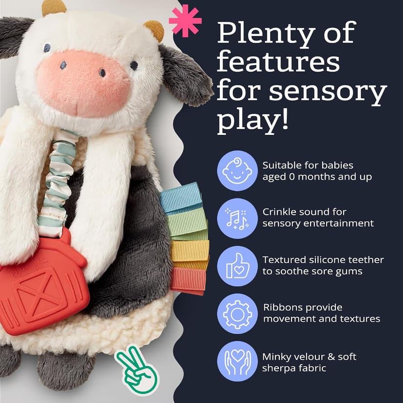 Baby Lovey With Soft Sherpa, Plush Minky, Silicone Teether, Crinkle Sounds, Textured Ribbons, and Interactive Dangle Arms Itzy Ritzy Lovey Including Teether, Teething Relief, 0 Months & Up (Cow) B0CQRVXT68