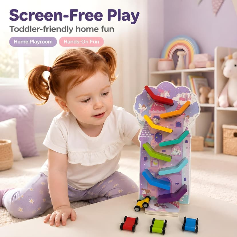 Montessori Toys for 2 Year Old Girls and Boys; Wooden Car Ramp for Cause-and-Effect and Hand-Eye Coordination; Birthday Gift Unicorn Car Ramp Toys for Toddlers 1-3, Wooden Race Track with 4 Mini Cars B0H7HBYL82