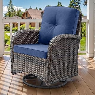 2 in 1 Porch Glider Swivel Chair - Wicker Patio Furniture Outdoor Swivel Rocker Chair with Thick Cushion, 300 Lb Weight Capacity Patio Swivel Glider Seating - Brown Wicker, Blue Cushion
