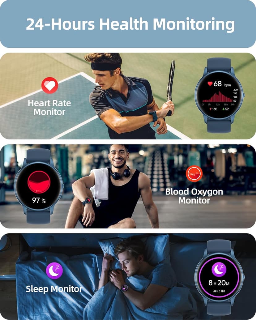 Parsonver Smart Watch for Women Men (Answer/Make Calls) Compatible with iPhone/Android Phones, Fitness Tracker with 100+ Sports Modes IP68 Waterproof, Heart Rate/Blood Oxygen/Sleep/Steps Monitor, Blue