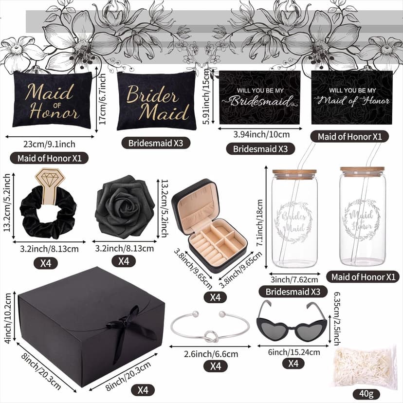 4 Sets Black Bridesmaid Proposal Gifts, Maid of Honor Gift Includes Wedding Gift Box Jewelry Box Makeup Bag Bracelet Foam Flower Invited Card Glasses Cup Hair Tie for Bridal Shower Bachelorette Party