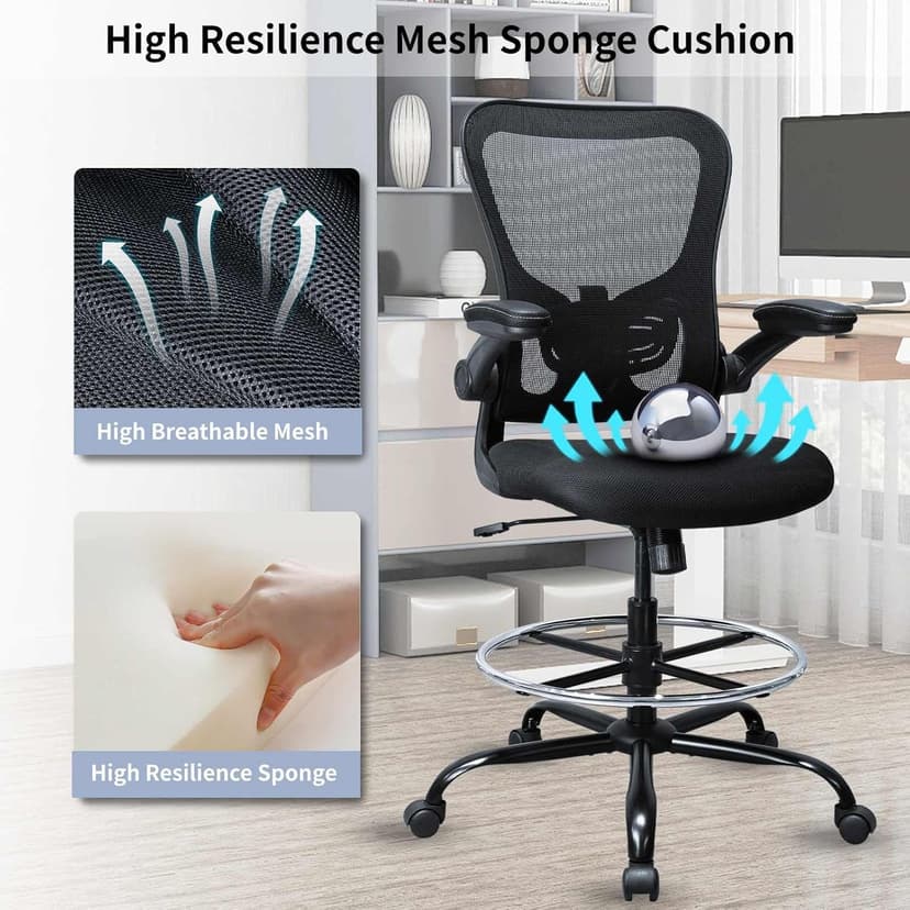 Drafting Chair, Ergonomic Tall Office Chair for Standing Desk, Counter Height Desk Chair with Adjustable Padded Armrests and Footrest Ring Standing Desk Chair Adjustable Height with Lumbar Support