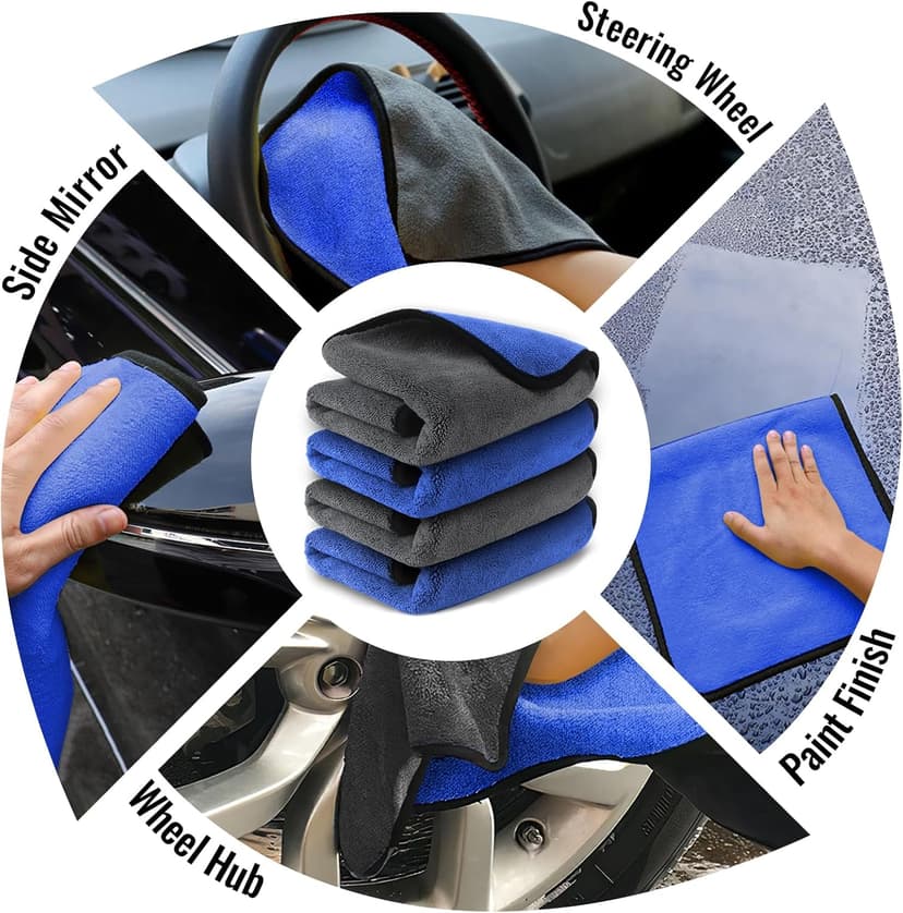 Airlab Microfiber Towels for Cars Wash Drying Thick Plush Cleaning Cloth Auto Detailing Super Absorbent for Interior & Exterior Lint Free, Streak Free, 16" X 16", 800 GSM, Pack of 4