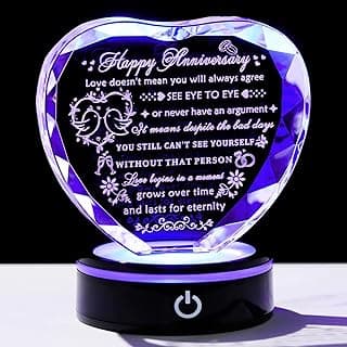 YWHL Wedding Anniversary Crystal Heart Gifts for Couple Parents, Happy Anniversary Marriage Gifts for Wife Husband Him Her Men Women with LED Base Romantic Presents for Girlfriend Boyfriend