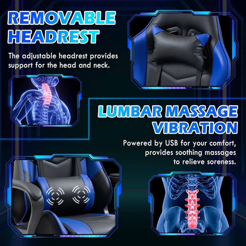 ECOTOUGE Gaming Chair, Ergonomic Video Game Chair with Massage Lumbar Support & Rocking High Back, 360° Swivel Computer Gamer Chair for Gaming or Office, Height Adjustable, Blue