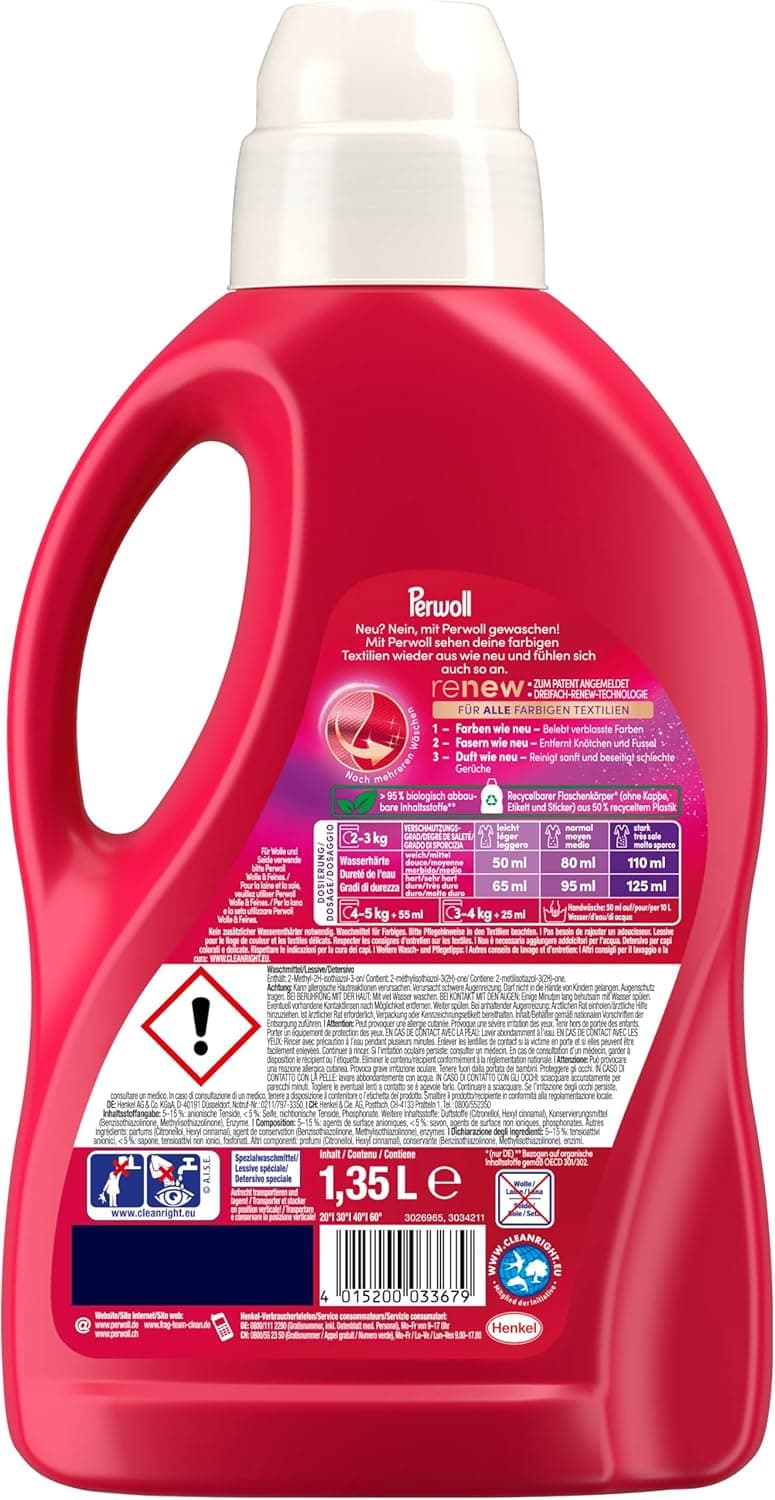 Perwoll Color Detergent (1 x 27 Wash Loads) Mild Liquid Detergent | Gently Cleans and Renews Colors and Fibers | For all Colored Textiles | Color Detergent with Triple-Renew Technology