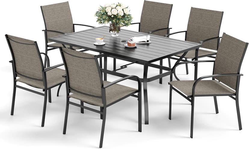 SUNSHINE VALLEY 7 Piece Patio Dining Set for 6, Rectangular Metal Table with Umbrella Hole, 6 Brown Dining Chairs, Outdoor Table and Chairs Set for Lawn Backyard and Deck
