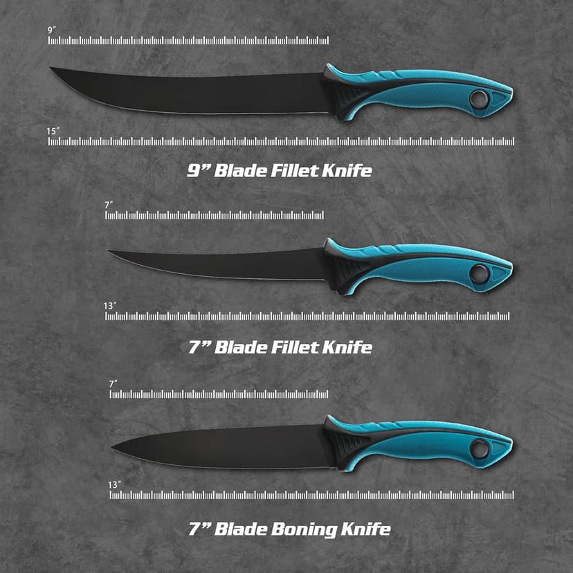 KNINE OUTDOORS Fish Fillet Knife Set Curved Flex 7 inch 9 inch Filet Knife for Filleting and Boning, Non-Slip Handles, Includes Fishing Braid Line Scissors, Fish Dressing Scissors, Filleting Pad
