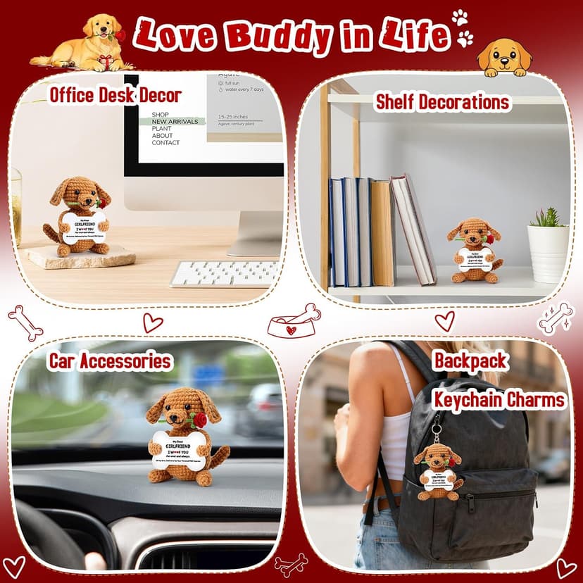 Funny Dog Mothers Day Girlfriend Gf Gifts, Anniversary Birthday Gifts for Girlfriend from Boyfriend, Mini Cute Cool Stuff Things Romantic I Love You Presents, Small Happy Crochet Rose Dog Puppy