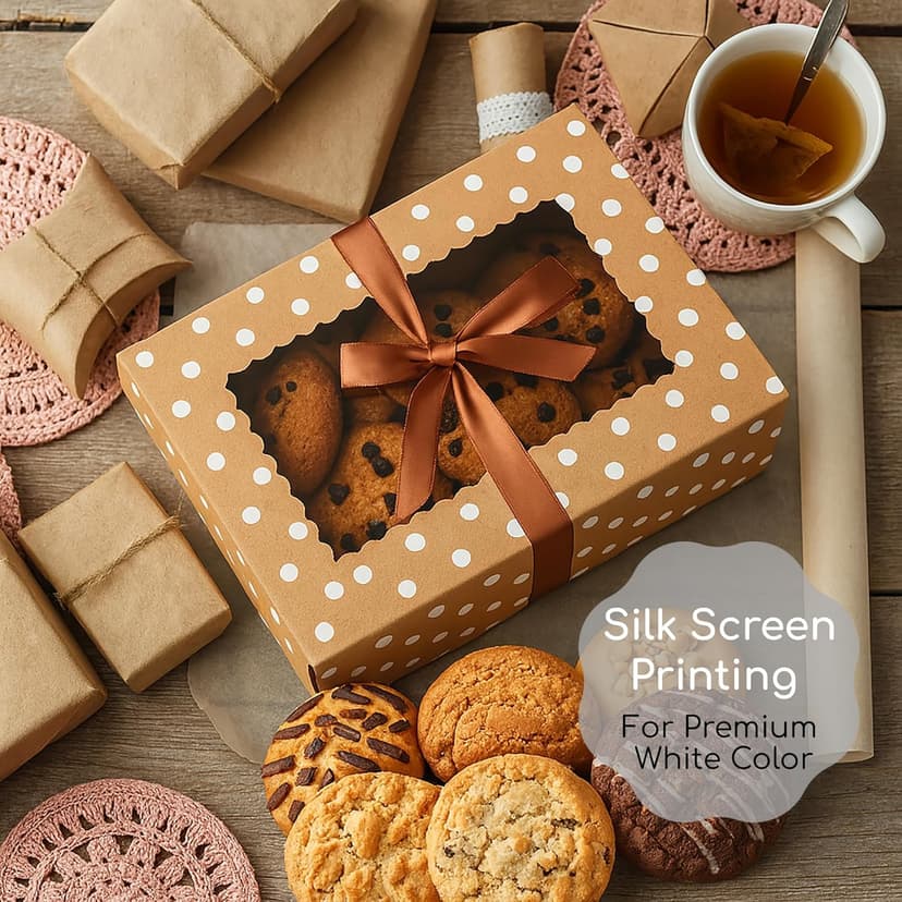 Brown Kraft Cookie Boxes with Ribbons & Window (20 Pack) 8.3 x 6 x 2.8” Food Grade Cardboard Bakery Gift Boxes for Christmas Gift Giving, Baked Goods, Candy Treats, Decorative Holiday Packaging, Empty