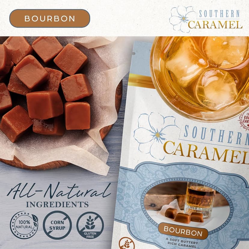 Soft Buttery Gourmet Caramel Candy Infused with Smooth, Top-Shelf Bourbon, Gluten Free, No Corn Syrup, Gift Ready Pieces Southern Caramel Bourbon Caramels, Handcrafted, 4 oz (Pack of 1) B0F3JVKW34