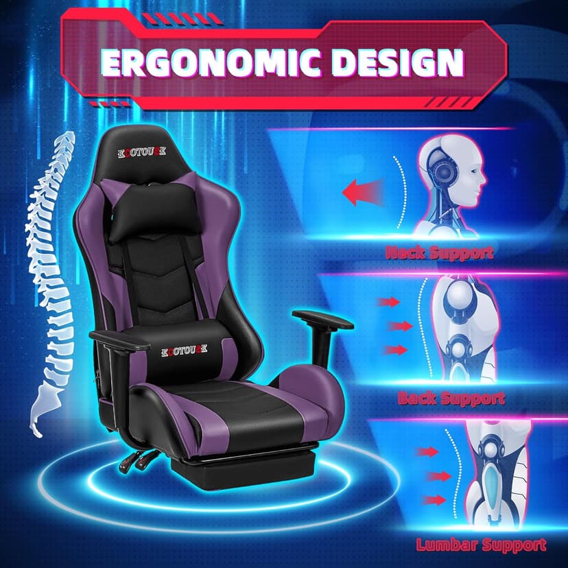 ECOTOUGE PC Massage Gaming Chair with Footrest Ergonomic Office Desk Chair Racing PU Leather Recliner Swivel Rocker with Headrest and Lumbar Pillow, Violet
